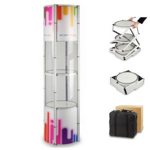81" Round Portable Aluminum Spiral Tower Display Case with Shelves, Top Light and Custom Panels