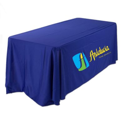 6FT(3) Full Length Sides Round Corner Table Throws with Custom 3 Color Graphic Imprint, Blue